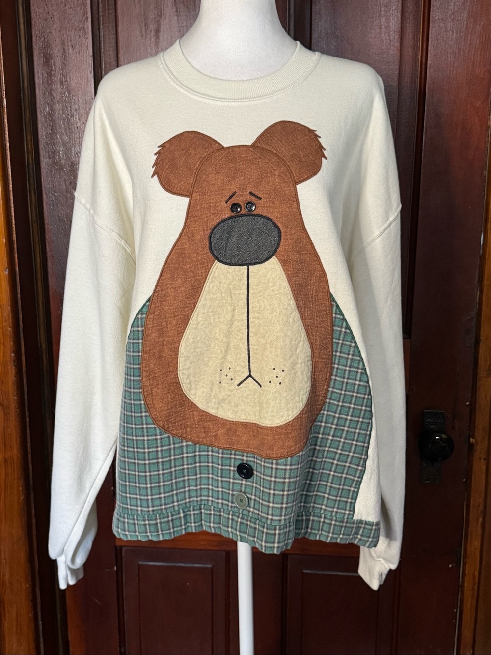 Vintage Patchwork Bear Crewneck Sweater Size XL Jerzees Brand Plaid
